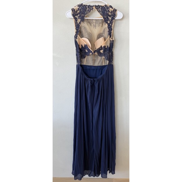 Sherri Hill Prom Dress Women’s 12 Dark Blue Beige Maxi Long Sleeveless Sheer - Picture 2 of 7